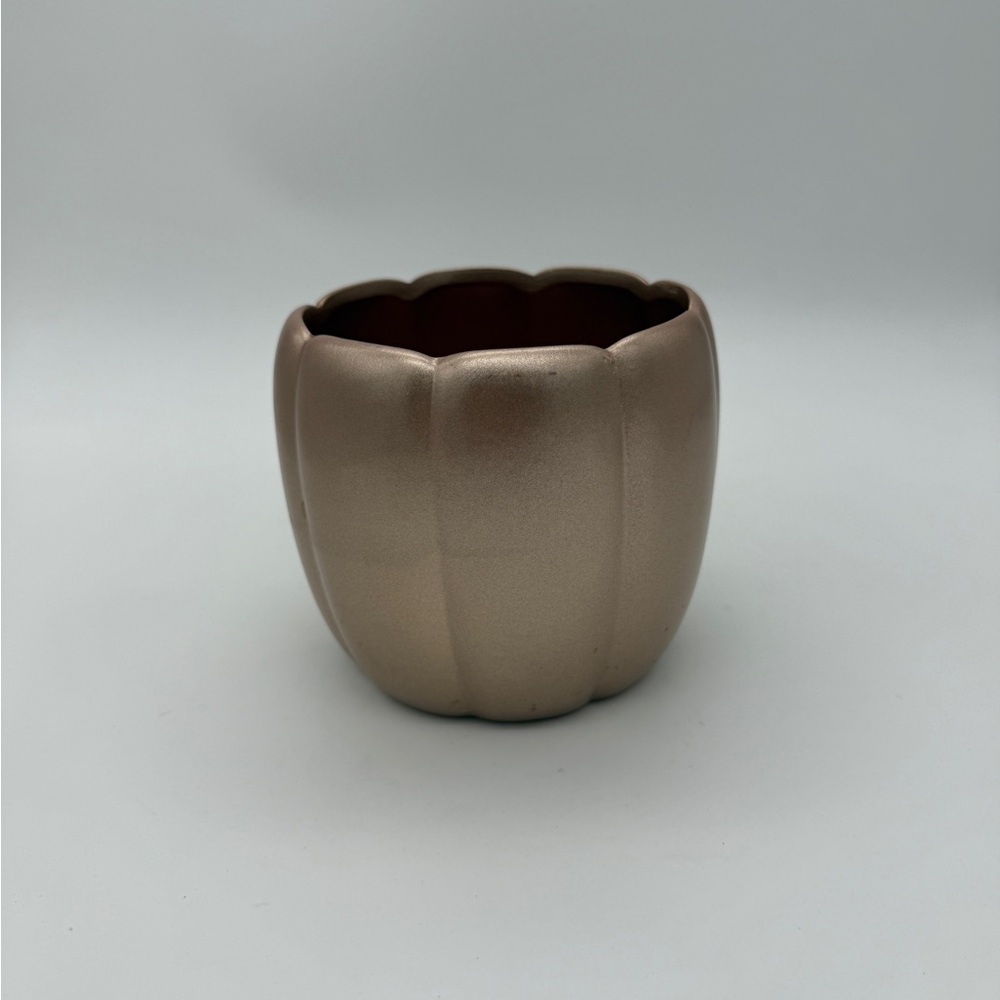 Decorative Fall Harvest Pumpkin-Shaped Planter Ceramic Metallic Rose Gold 5.5” T